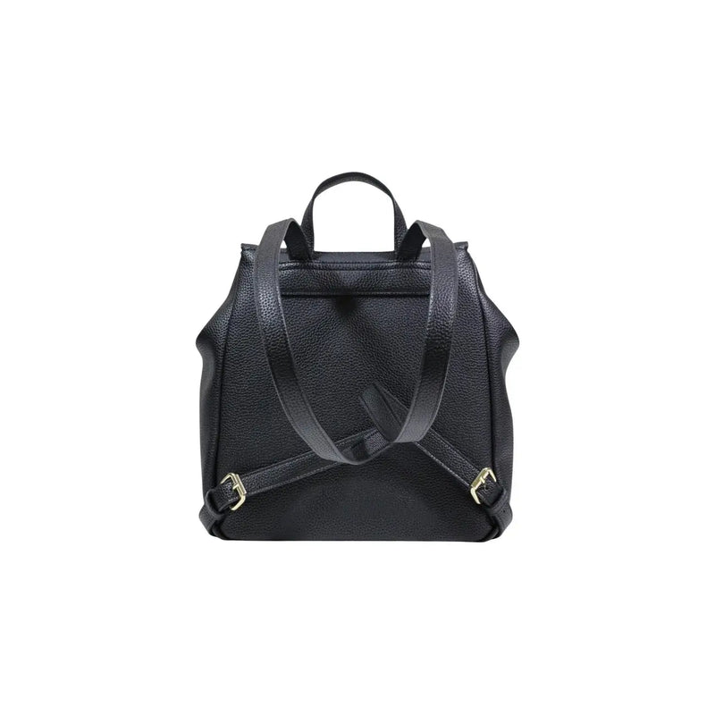 Armani Exchange black rucksack for women in textured leather with adjustable straps and gold-tone buckles shown from back