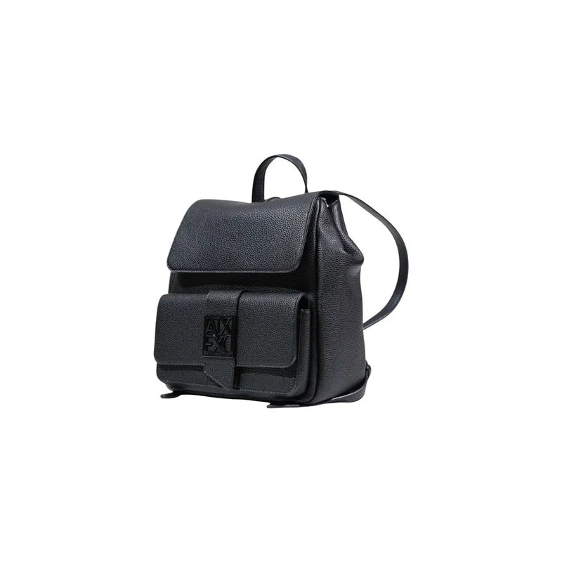 Armani Exchange black rucksack for women made of textured leather with minimalist design and embossed logo on front flap