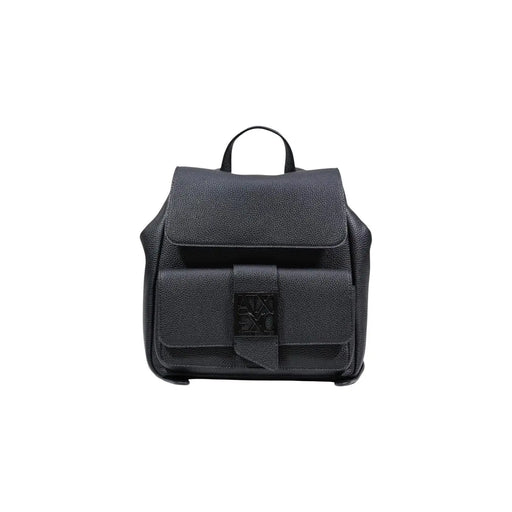 Armani Exchange black textured leather backpack with central logo plaque and multiple pockets for women