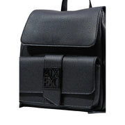 Armani Exchange black women’s rucksack made of textured leather with a prominent embossed logo plaque and pockets
