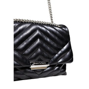 Armani Exchange black quilted leather shoulder bag with silver chain strap and metallic clasp logo featuring button pockets
