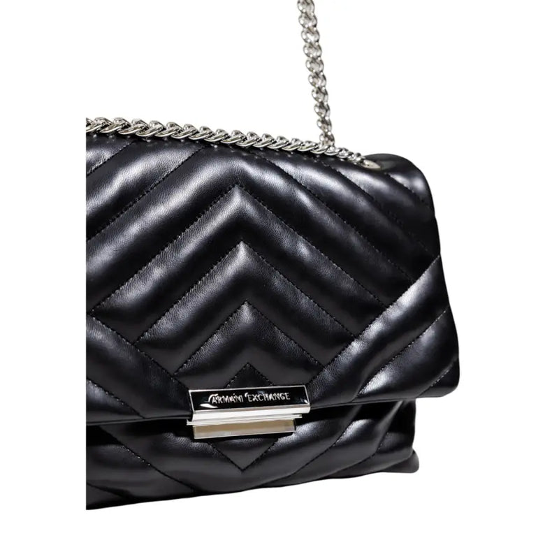 Armani Exchange black quilted leather shoulder bag with silver chain strap and metallic clasp logo featuring button pockets