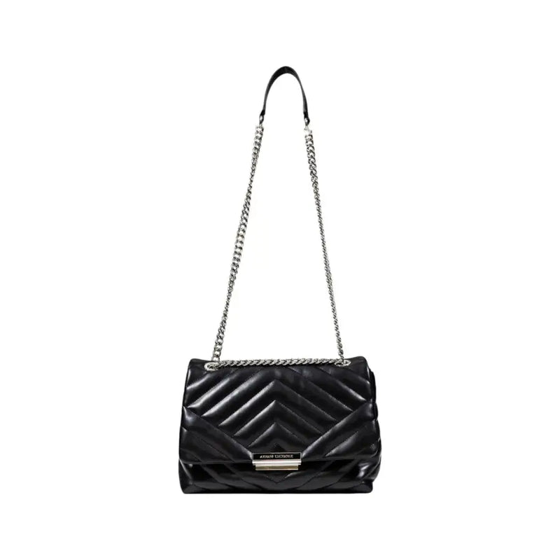 Armani Exchange black quilted leather shoulder bag with silver chain strap button and pockets for everyday use