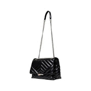 Armani Exchange black quilted leather shoulder bag with silver chain strap button and pockets visible