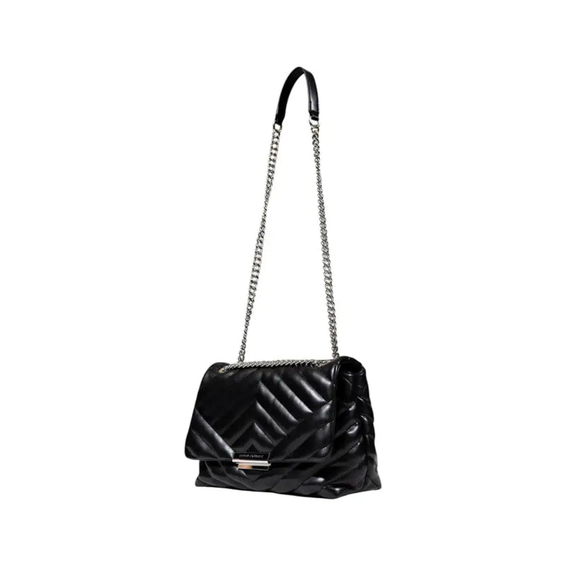 Armani Exchange black quilted leather shoulder bag with silver chain strap button and pockets visible