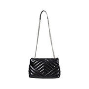 Armani Exchange black quilted leather crossbody bag with silver chain strap featuring button and pockets