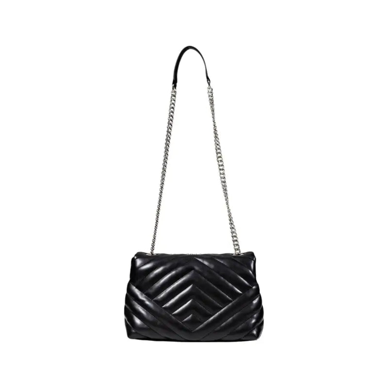 Armani Exchange black quilted leather crossbody bag with silver chain strap featuring button and pockets