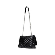 Armani exchange black quilted leather crossbody bag with silver chain strap and button pockets for shoulder use