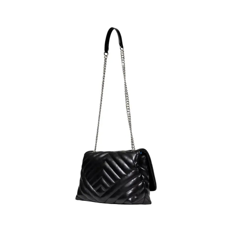 Armani exchange black quilted leather crossbody bag with silver chain strap and button pockets for shoulder use