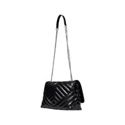 Armani exchange black quilted leather crossbody bag with silver chain strap and button pockets for shoulder use
