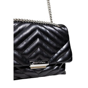 Armani Exchange black quilted leather shoulder bag with silver chain strap and metallic clasp logo featuring button pockets