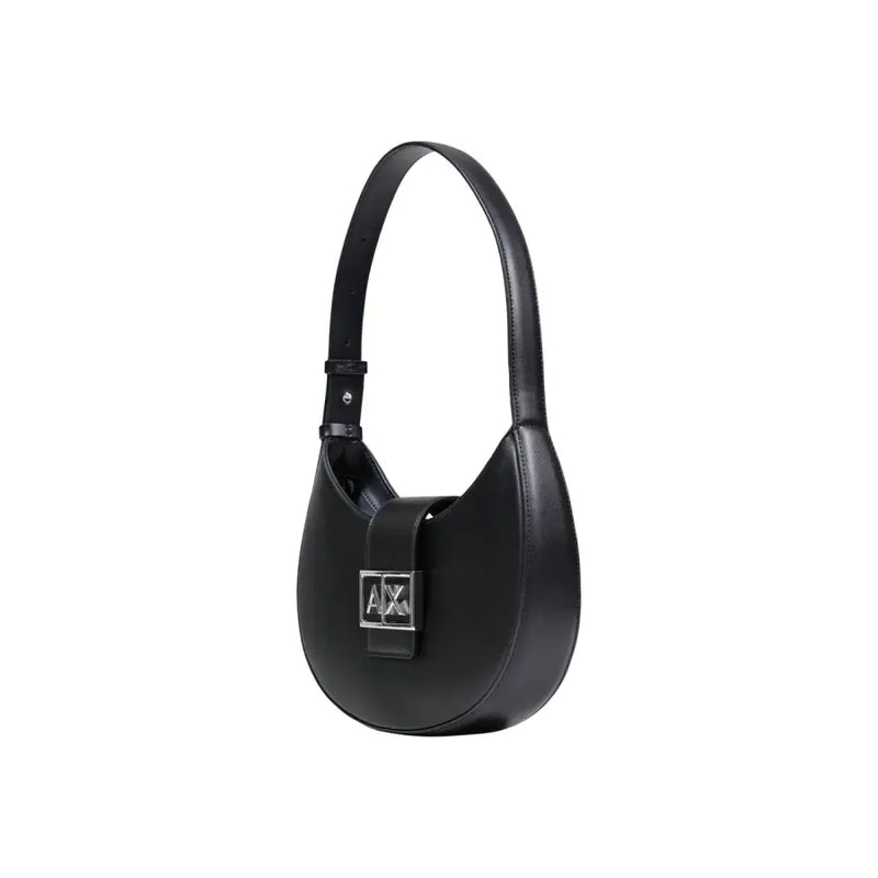 Armani Exchange black leather hobo bag for women with zip closure and silver-tone ax logo plaque on the front