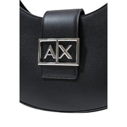 Armani Exchange black leather women’s handbag with zip closure and silver-tone ax logo clasp on the front