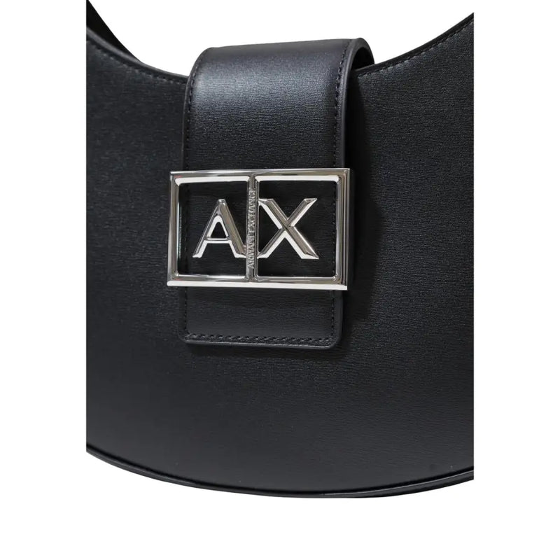 Armani Exchange black leather women’s handbag with zip closure and silver-tone ax logo clasp on the front