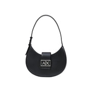 Armani Exchange black leather womens hobo handbag with zip closure and silver ax logo plaque visible on front side