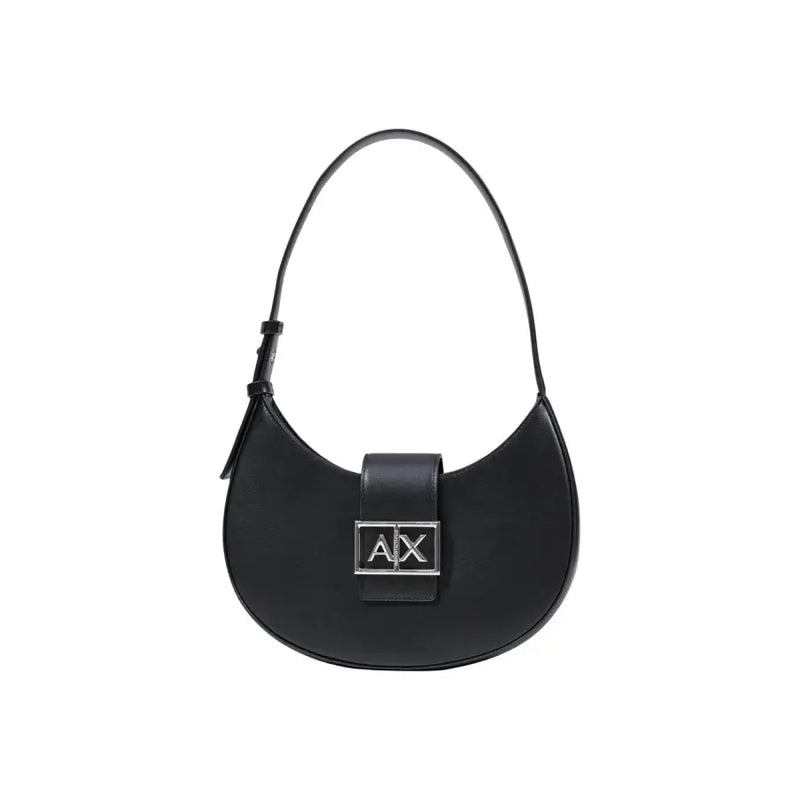 Armani Exchange black leather womens hobo handbag with zip closure and silver ax logo plaque visible on front side