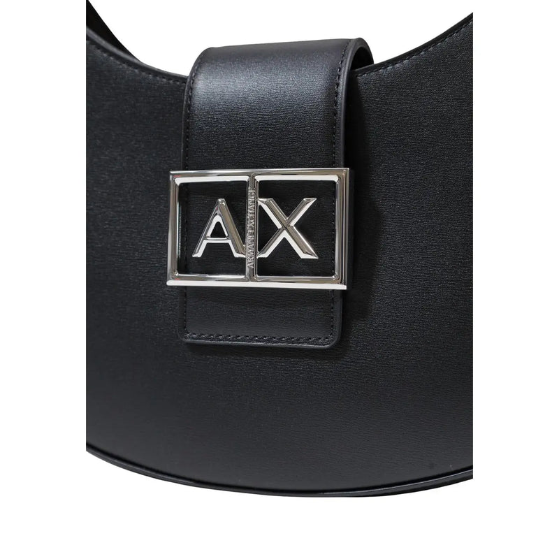 Armani Exchange black leather women’s handbag with zip closure and silver-tone ax logo clasp on the front