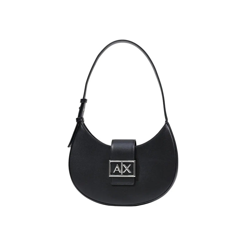 Armani Exchange black leather womens hobo handbag with zip closure and silver ax logo plaque visible on front side