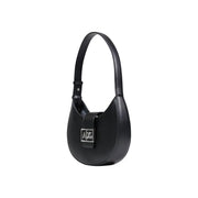 Armani Exchange black leather hobo bag for women with zip closure and silver-tone ax logo plaque on the front