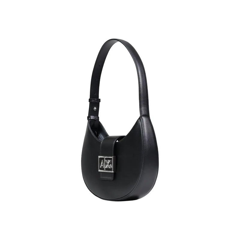 Armani Exchange black leather hobo bag for women with zip closure and silver-tone ax logo plaque on the front