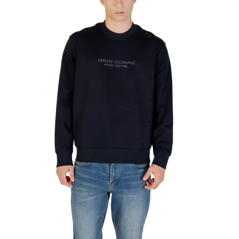 Black armani exchange crewneck sweatshirt with subtle silver embroidery made of 100 percent cotton for fall winter wear