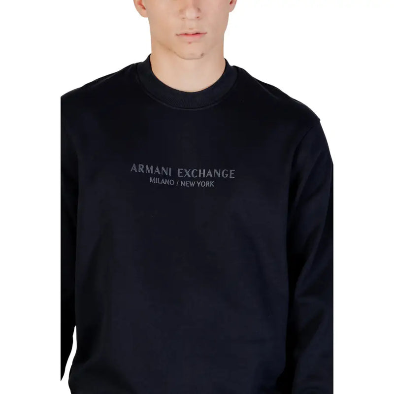 Black armani exchange long-sleeved sweatshirt with subtle gray embroidered branding made from 100% cotton for fall winter use