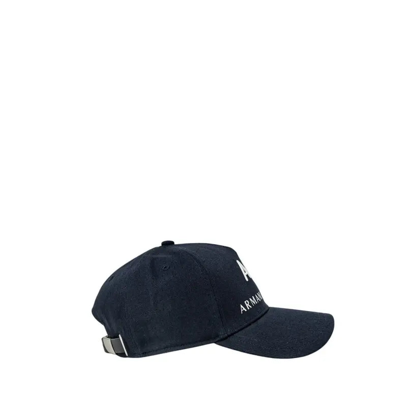 Navy blue armani baseball cap with white logo and adjustable strap.