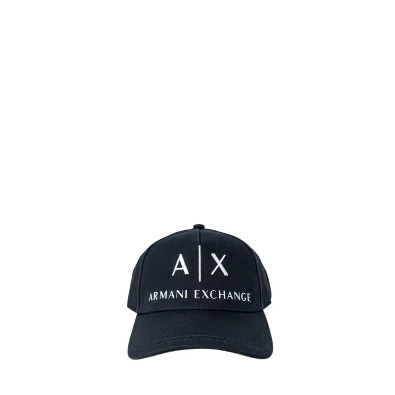 Armani exchange navy blue baseball cap with white logo and text.