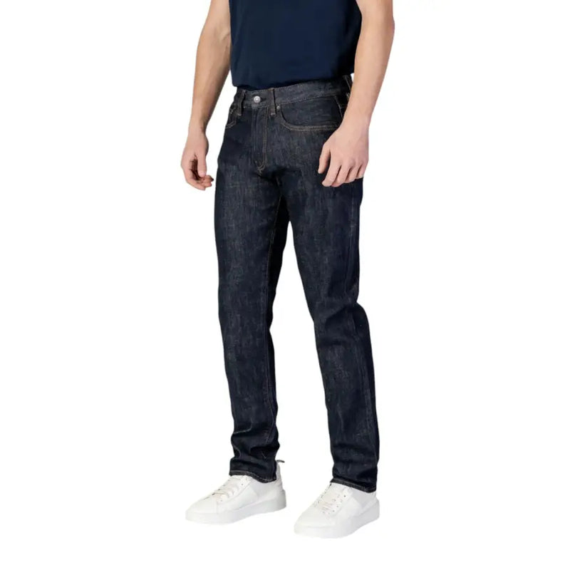 Armani Exchange blue cotton polyester jeans for men featuring dark indigo denim with five-pocket design and subtle thigh fading