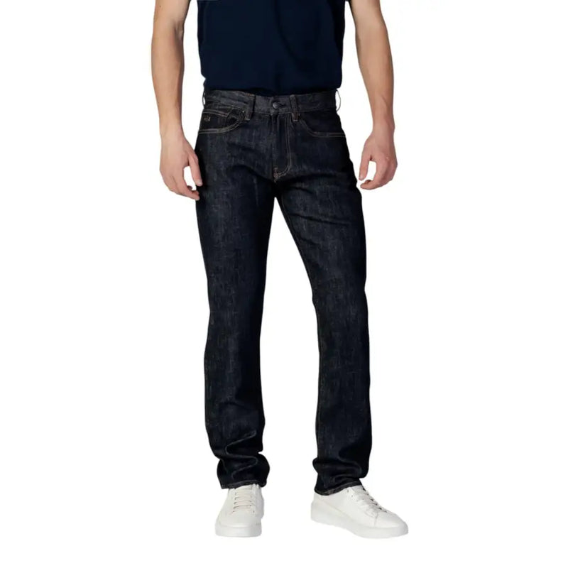 Armani Exchange blue cotton polyester men’s jeans in dark indigo with classic straight-leg cut and visible stitching details
