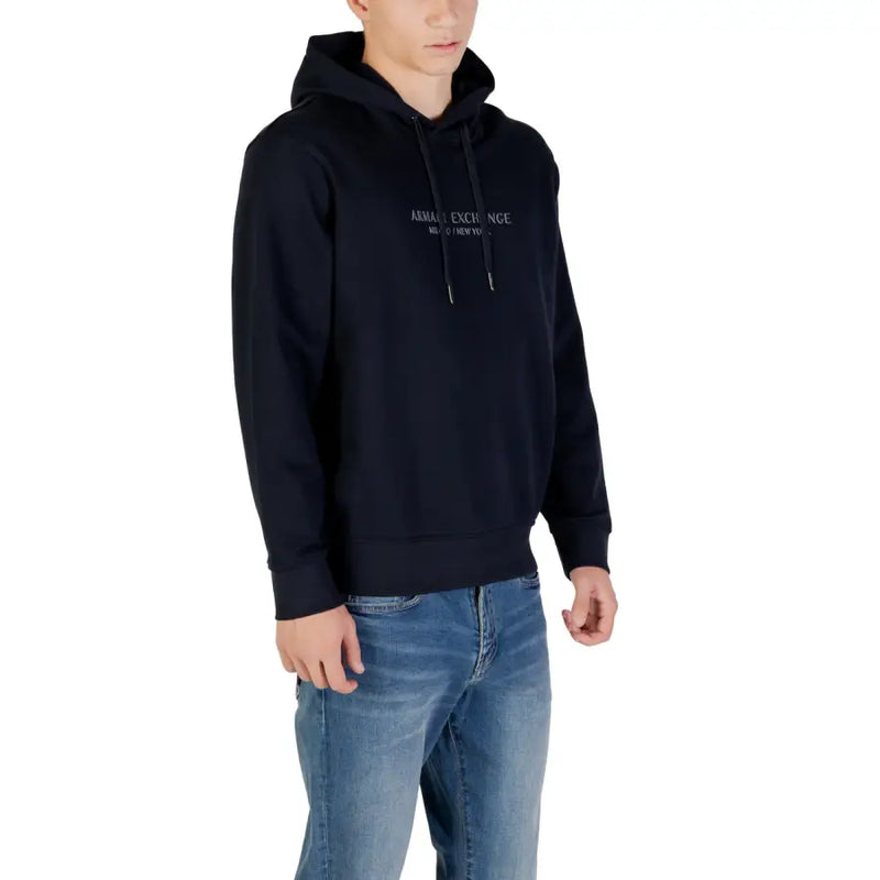 Men’s navy blue Armani Exchange cotton V neck hooded sweatshirt with drawstring hood and ribbed cuffs