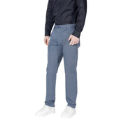 Men’s black long-sleeved dress shirt with blue flat-front cotton blend trousers