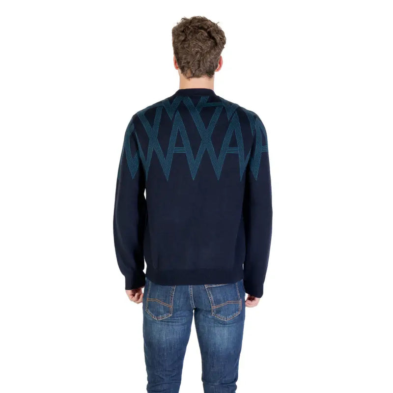 Navy blue armani exchange wool blend knit sweater with teal geometric zigzag pattern on back side