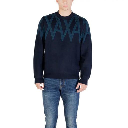 Armani Exchange blue print wool blend knit sweater in navy blue with teal geometric zigzag pattern across shoulders