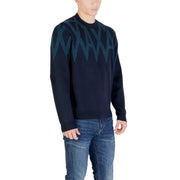 Armani exchange blue print wool blend knit sweater in dark navy with bold teal geometric pattern across chest and shoulders
