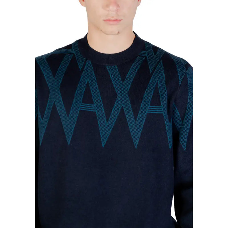 Armani Exchange blue print wool blend knit sweater in dark blue with teal geometric zigzag pattern