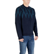 Armani exchange blue print wool blend knit sweater in dark navy with bold teal geometric pattern across chest and shoulders
