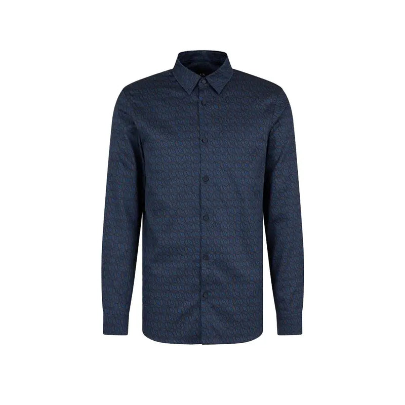Armani Exchange blue printed cotton mens long sleeve shirt with a subtle repeating pattern and button-down design