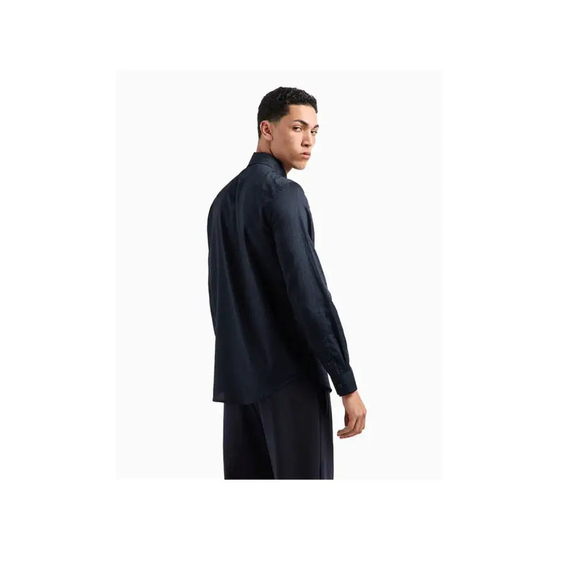 Armani Exchange blue printed cotton mens long sleeve shirt in dark navy with subtle sheen and structured collar
