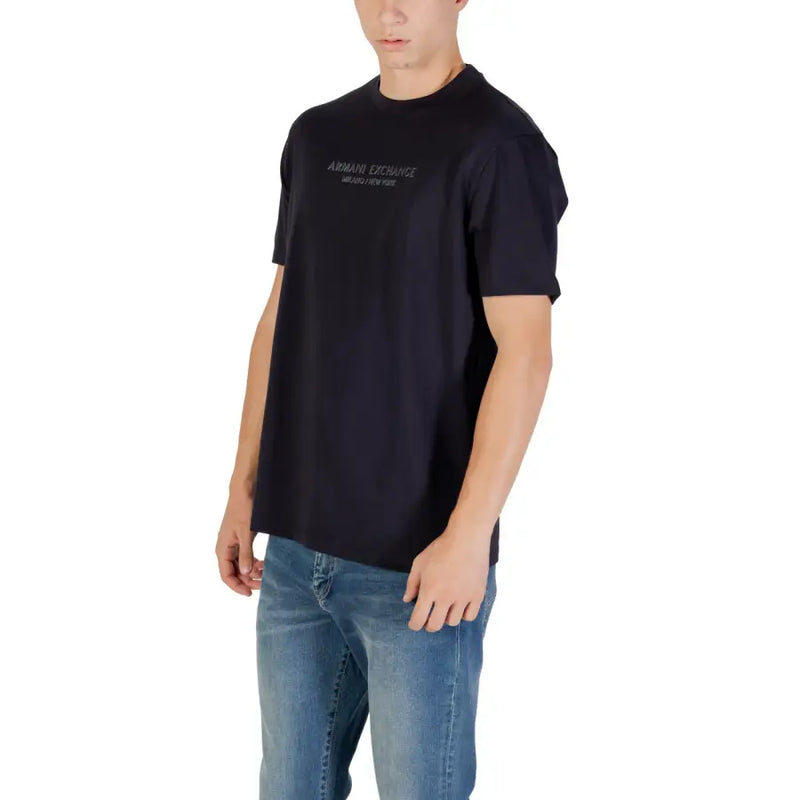 Black Armani Exchange cotton t shirt for men with subtle silver lettering across the chest
