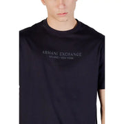 Armani Exchange black cotton t shirt for men with subtle silver embroidery reading armani exchange milano new york