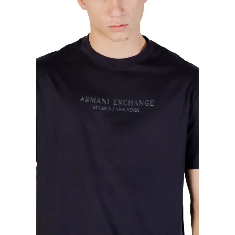 Armani Exchange black cotton t shirt for men with subtle silver embroidery reading armani exchange milano new york