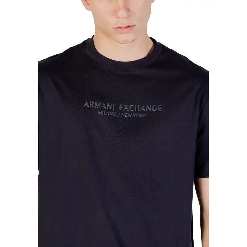 Armani Exchange black cotton t shirt for men with subtle silver embroidery reading armani exchange milano new york