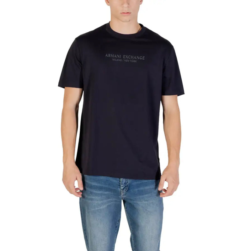 Black armani exchange cotton t shirt for men with subtle gray armani exchange milano new york logo across the chest
