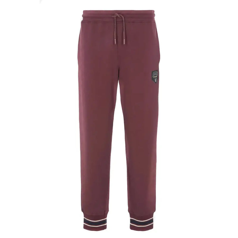Armani Exchange bordeaux cotton trousers for men in maroon fleece with drawstring waistband and striped cuffs