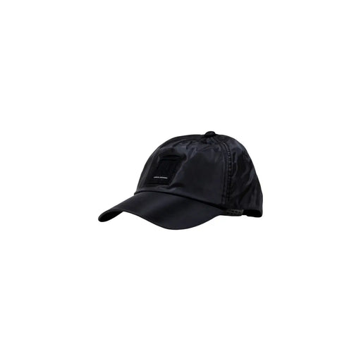 Armani Exchange cap for men in black nylon with small rectangular patch, front view