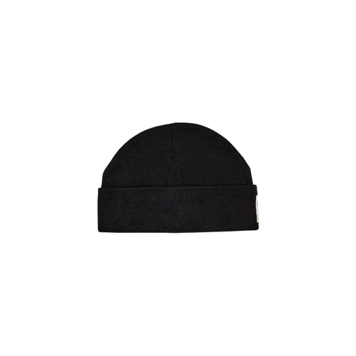 Armani Exchange cap black ribbed knit beanie for men with folded cuff and white side tag front view