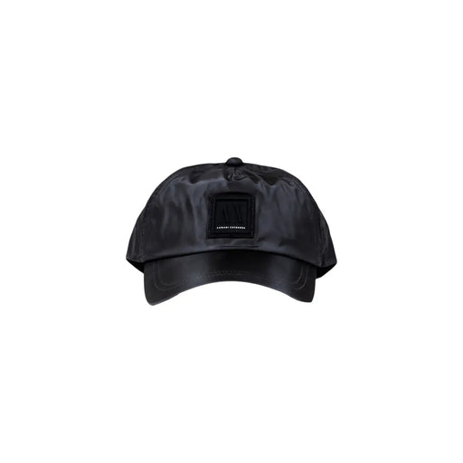 Armani Exchange cap for men in black satin with matte black square logo patch, front view