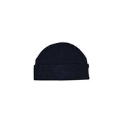 Armani Exchange cap beanie for men in navy blue ribbed knit with folded cuff and branding tag, front view