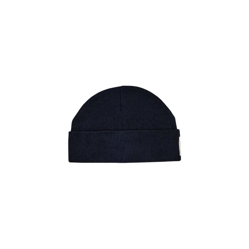 Armani Exchange cap beanie for men in navy blue ribbed knit with folded cuff and branding tag, front view